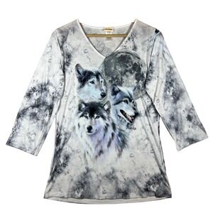 NATURECORE Alaska WOLVES Moon Tie‎ Dye V-Neck 3/4 Sleeve Top - Women's L